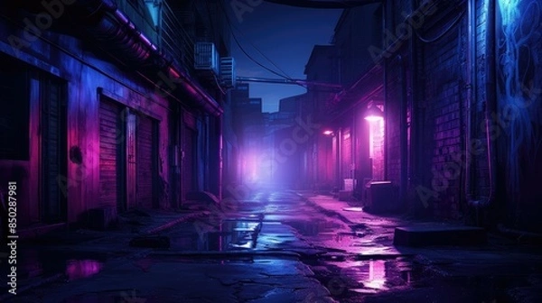 Fototapeta Luminous neon lights illuminating dark alley