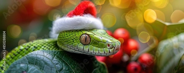 Fototapeta Festive bright green tree snake with a Santa hat on its head symbolizing the 2025 new year in the Chinese horoscope