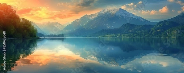 Fototapeta Mountain reflections in lake, golden hour, high definition, warm tones, clear water, peaceful and serene, panoramic view