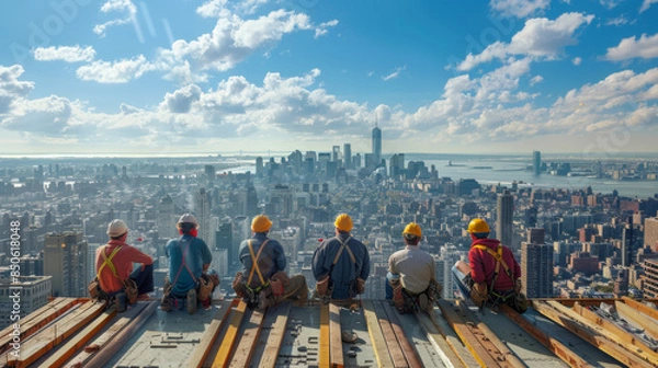 Fototapeta Seven construction workers sitting on steel beams high above a city skyline with a clear sky and clouds.