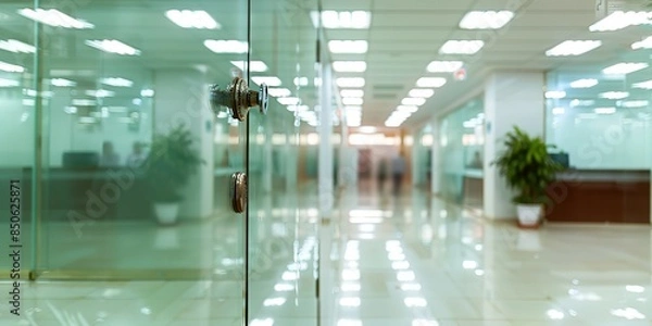 Fototapeta A glass door in an office with a white light above it with a blur effect background