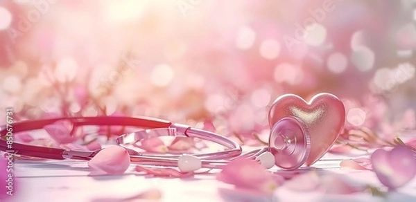 Fototapeta a stethoscope and a pink heart and several flower petals around it with a blur effect background