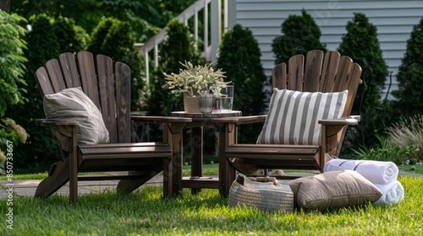 Fototapeta Serene Outdoor Setting with Adirondack Chair Set, Light Brown Wood and Dark Chocolate Frames, End Table with Pillows, Front Lawn Grass, Green Trees and Shrubs, White Towels, Relaxed Atmosphere