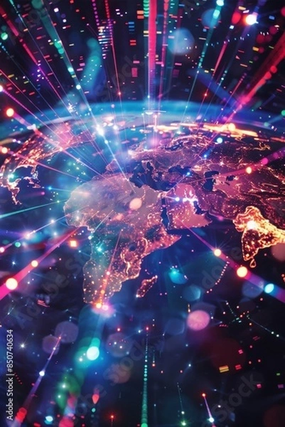 Fototapeta A pixelated world map with chunky continents, glowing nodes representing major data hubs, pulsating beams of light as network traffic