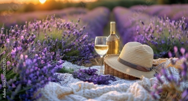 Fototapeta Romantic Sunset Picnic in a Lavender Field