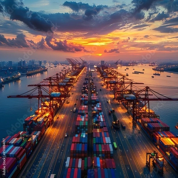 Fototapeta Aerial view of a busy container port at sunset.