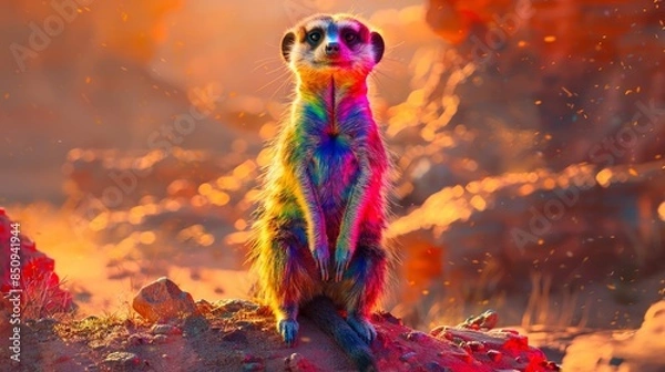 Fototapeta Colorful Meerkat at Sunset in a Vibrant Desert Landscape