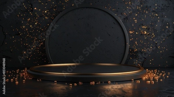 Fototapeta Black friday banner background with a podium platform; black and gold stuff on a dark scene for product stand