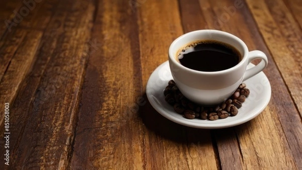 Fototapeta cup of coffee on table with beans