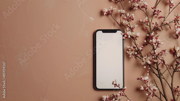 Fototapeta Mobile phone with white screen and dry pink flower branch on a light brown background. Trend, minimal concept with copyspace