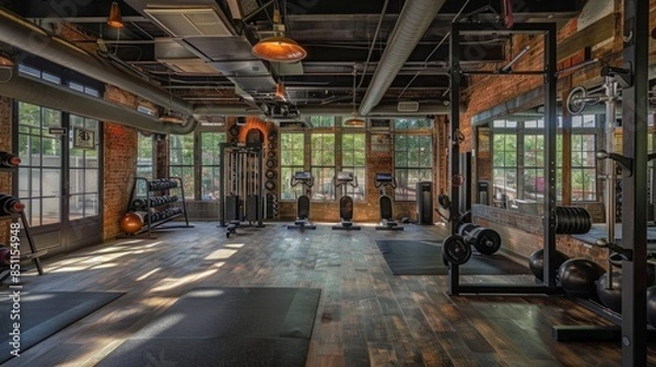 Fototapeta A modern industrial gym with exposed brick walls and large windows, featuring exercise equipment and weights.