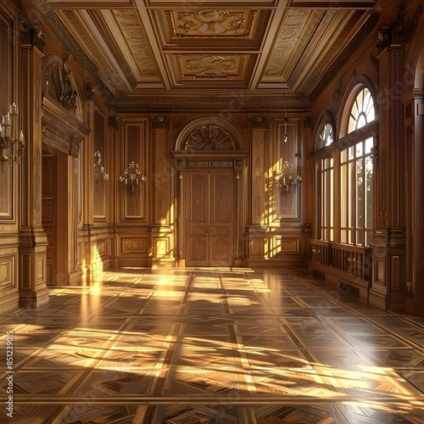 Fototapeta ornate wooden paneled room with parquet floor