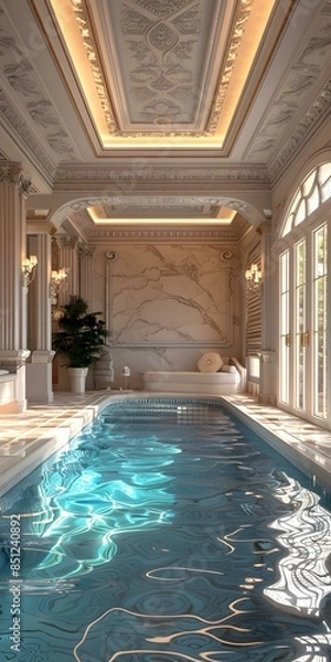 Fototapeta Indoor swimming pool with white marble columns and arched windows