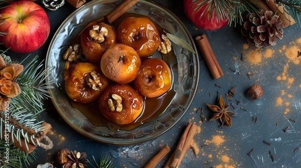 Fototapeta Caramelized apples on a plate decorated picture