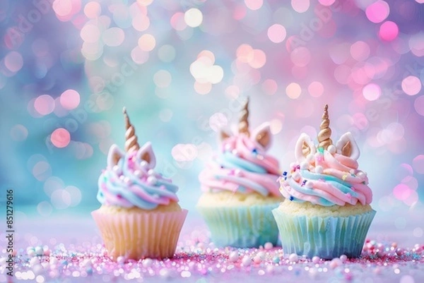 Fototapeta cupcakes decorated as unicorns against a bokeh glitter background in pastel colors