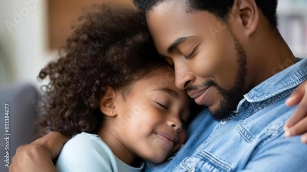 Fototapeta A father and daughter are smiling and hugging. The father is holding the daughter's face in his hands. They are both happy.