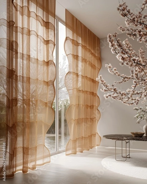 Fototapeta Beige Sheer Curtains Draped in a Modern Interior