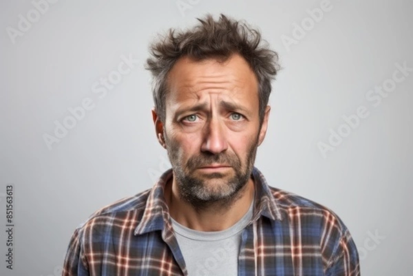 Fototapeta Portrait of a jovial man in his 40s wearing a comfy flannel shirt on plain white digital canvas