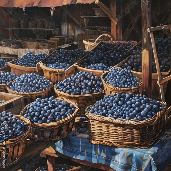 Fototapeta A painting of a market with baskets of blueberries