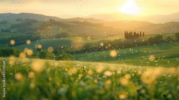 Fototapeta A picturesque meadow with rolling green hills in the background, illuminated by the warm light of the late afternoon sun. Pollen particles drift lazily through the air, adding to the peaceful and