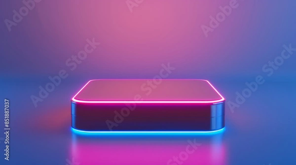 Fototapeta Modern futuristic neon-lit platform with vibrant pink and blue lights, ideal for showcasing products or technology.