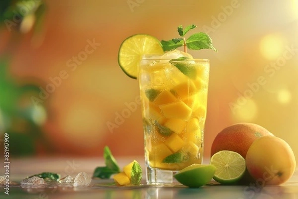 Fototapeta Refreshing Mango Lime Cooler with Ice and Mint - Perfect Summer Drink Photography for Food and Beverage Design