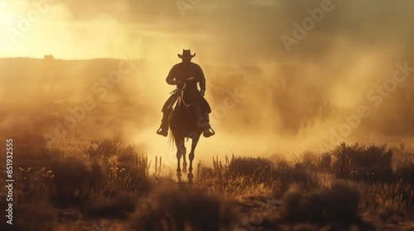 Fototapeta Cowboy silhouette on a horse during nice sunset and rear up