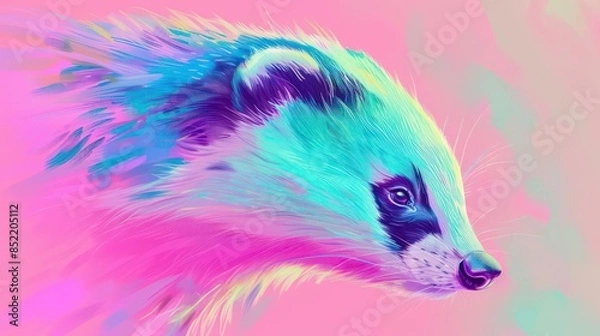 Fototapeta A vibrant canvas print showcasing a badger's coat with a pastel rainbow opal gradient pattern, the fur transitioning through soft hues of pink, blue, and green