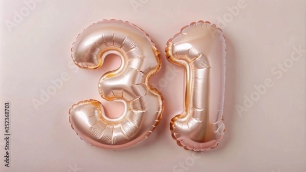 Fototapeta The photo shows two balloons with a beautiful gold foil string in the shape of the number "31" on a solid blue background.