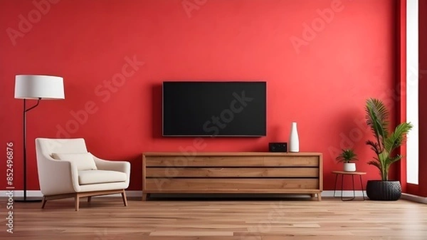 Obraz Contemporary living room with wooden furniture, a red wall backdrop, and a blank TV