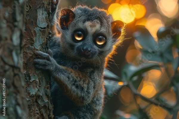 Fototapeta A Bengal slow loris climbing a tree at dusk, its large, reflective eyes and gentle expression highlighted by the fading light.