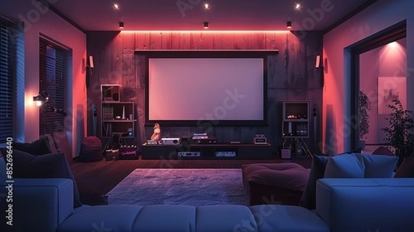 Fototapeta Home Theater Room with Large White Screen: