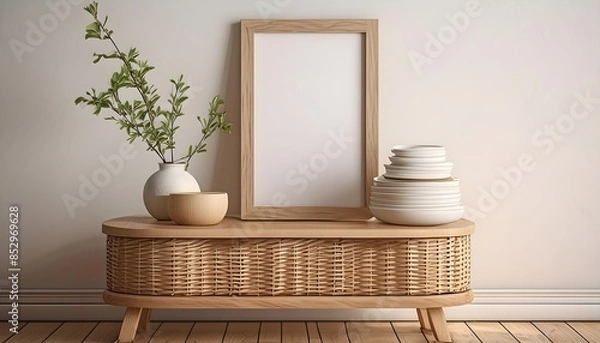 Fototapeta minimalist interior featuring a blank wooden picture frame resting on a woven rattan side table against a plain white wall, interior of a room with furniture