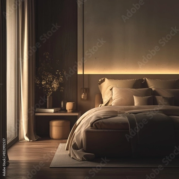 Fototapeta Cozy and modern bedroom interior with ambient lighting, featuring a comfortable bed, side table, and room decor elements.