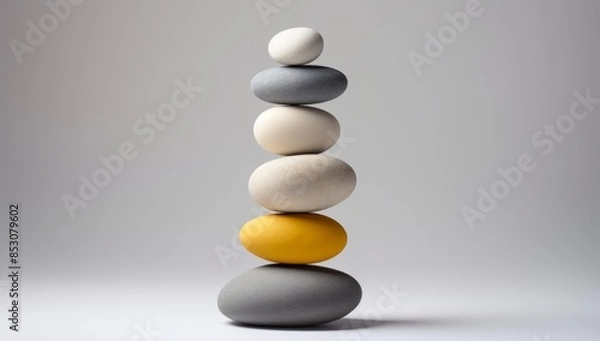 Fototapeta A stack of smooth, gray pebbles balanced precariously on a white surface.