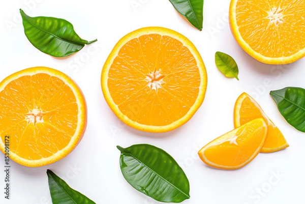 Fototapeta Three oranges are cut in half and placed on a white background with green leaves. The oranges are positioned in a way that they are almost touching each other, creating a sense of unity and harmony