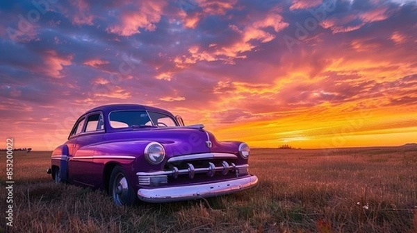 Fototapeta A classic purple car parked on the side of an open field at sunset. The scene captures the vintage beauty of old cars against a natural backdrop.