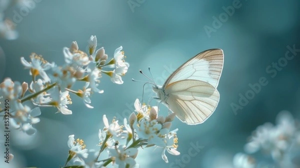 Fototapeta Beautiful white butterfly on white flower buds on a soft blurred blue background spring or summer in nature. Gentle romantic dreamy artistic AI generated