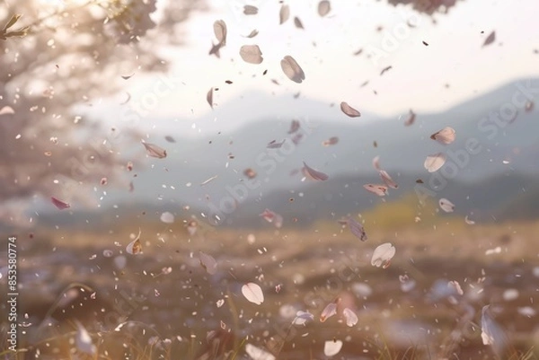 Fototapeta Delicate Pink Cherry Blossoms Falling in the Wind During a Sunny Spring Day