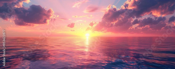 Fototapeta A tranquil sunset over a calm ocean, the sky ablaze with hues of orange, pink, and purple.