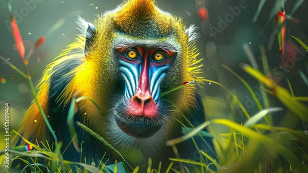 Fototapeta A majestic mandrill in a vibrant jungle, its colorful face illuminated by the warm sunlight.
