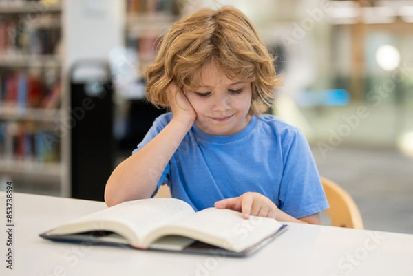 Fototapeta Kid reading book. Child reading book in school library. Learning from books. School education. Back to school Child reading book in a public library.