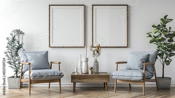 Fototapeta A minimalist living room with two wooden armchairs, white walls and frames on the wall. There is wood flooring. The chairs have light blue cushions. On one side of them there's an old coffee table