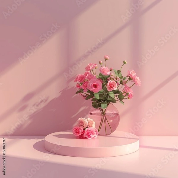 Fototapeta A vase of pink roses on pink round podium