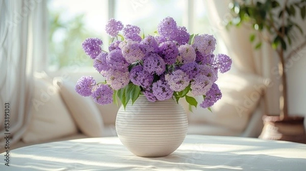 Obraz A Bouquet Of Lilac Flowers In A White Vase On A White Table By A Window. Generative AI