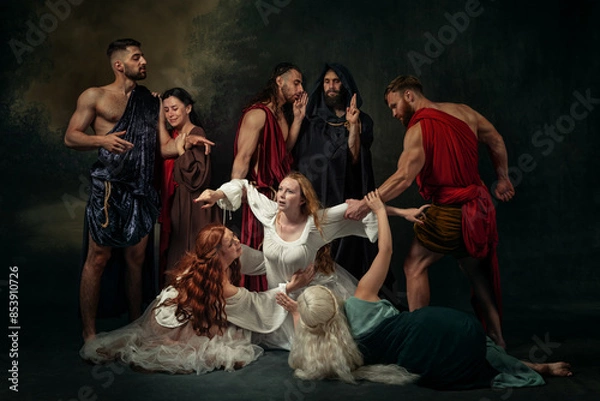 Fototapeta Redhaired woman in white dress surrounded by men and women in ancient attire, their gestures indicating mix of support and conflict. Concept of history and modernity fusion, comparisons of eras.