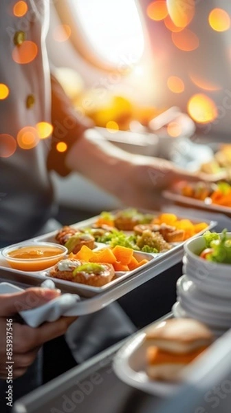 Fototapeta Flight steward distributing meals close up, focus on meal service airplane aisle