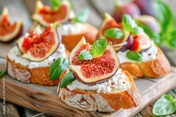 Fototapeta Fresh Fig and Ricotta Bruschetta. A delicious and vibrant bruschetta topped with fresh figs, creamy ricotta cheese, and basil leaves.