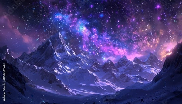 Fototapeta Stunning snow-covered mountain range under a breathtaking starry night sky with vibrant cosmic colors.