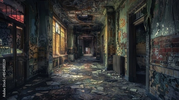 Obraz Urban exploration photography showcasing abandoned and decayed locations, with a creative scene of dramatic lighting and textures, highlighting the allure of forgotten places